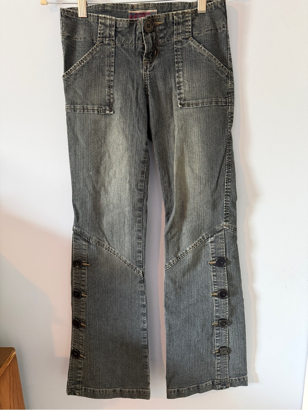 Z. Cavaricci Low-Rise Blue Flared Utility Jeans with Side Button Trim